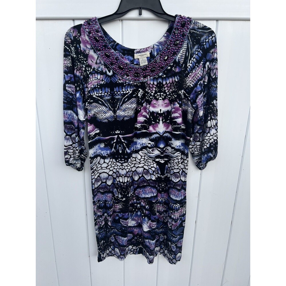 Vertigo Paris Womens Shift Dress Pretty Abstract Print Rhinestones Sz XL